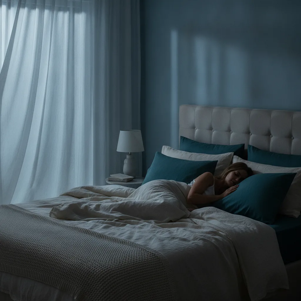 Moonlit bedroom with woman settling into bed